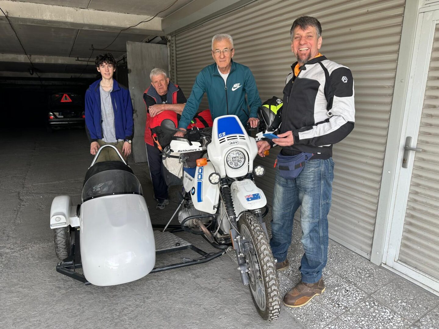 Bishkek, 3 April 2026: the R80 and sidecar before setting off — with Alik and family